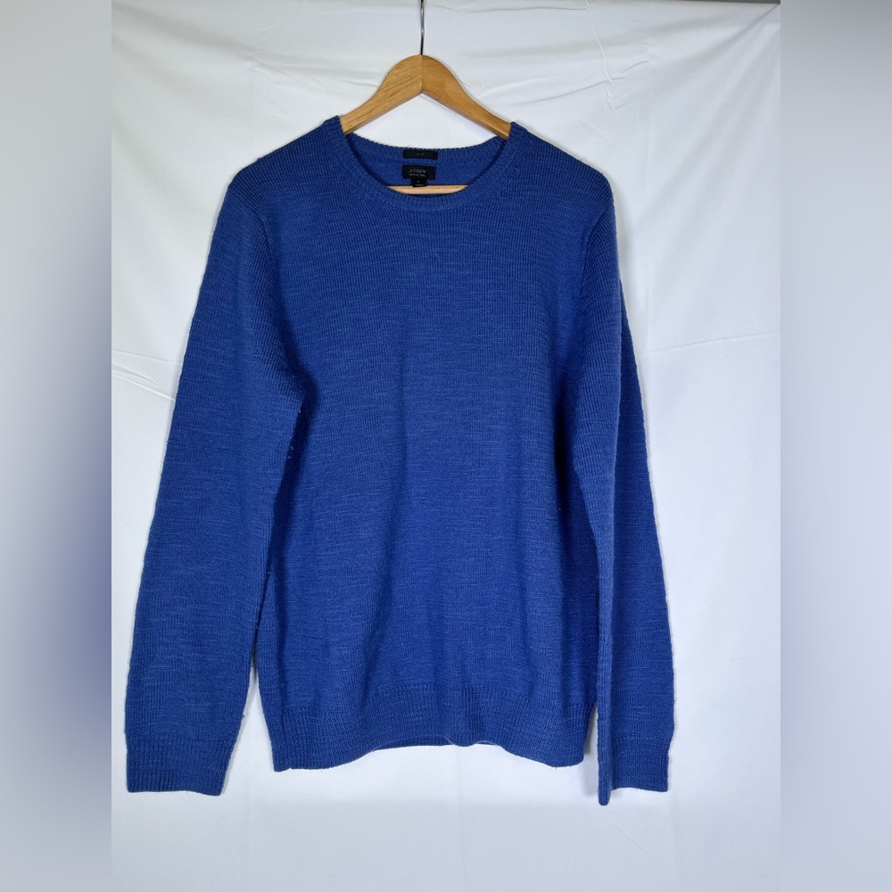 J.Crew Merino Sweater Men's M Blue‎ Brown Leather Elbow Trim Round Neck Pullover